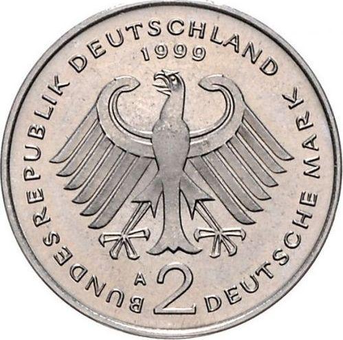 Реверс монеты - 2 марки 1990-2001 года "Франц Йозеф Штраус" Гурт гладкий - цена  монеты - Германия, ФРГ