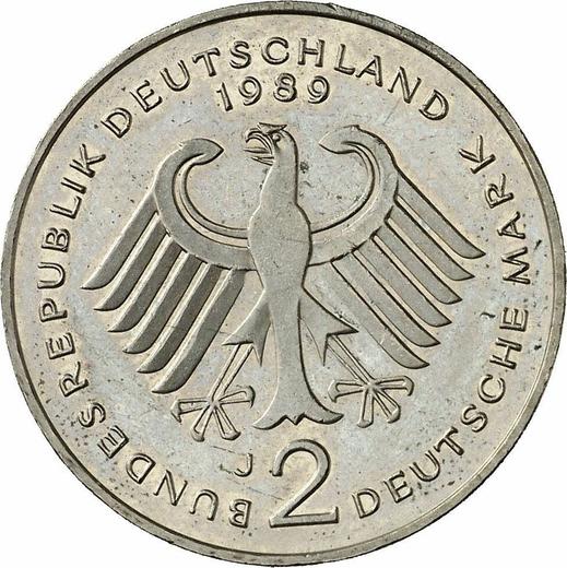 Reverse 2 Mark 1989 J "Ludwig Erhard" -  Coin Value - Germany, FRG