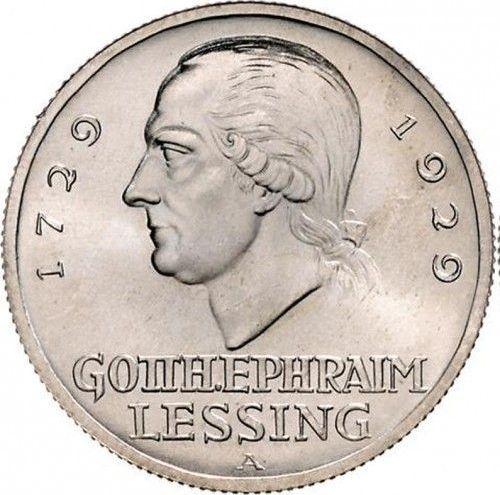Реверс монеты - 3 рейхсмарки 1929 года A "Лессинг" - цена серебряной монеты - Германия, Bеймарская республика