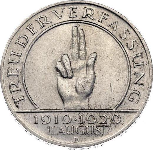 Reverse 3 Reichsmark 1929 D "Constitution" - Silver Coin Value - Germany, Weimar Republic