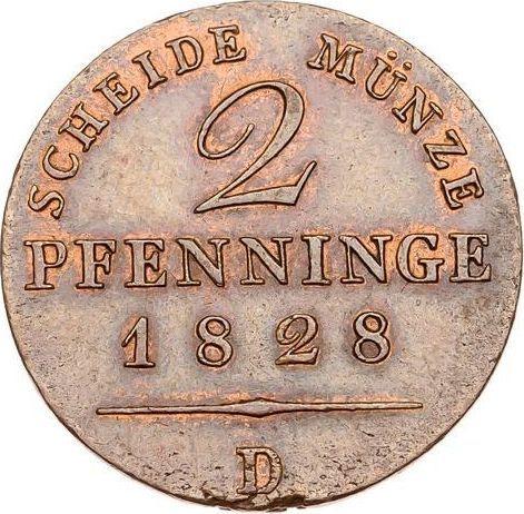 Реверс монеты - 2 пфеннига 1828 года D - цена  монеты - Пруссия, Фридрих Вильгельм III