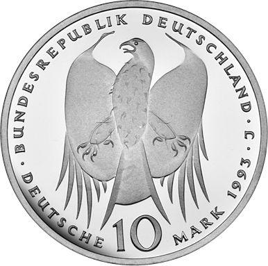 Реверс монеты - 10 марок 1993 года J "Роберт Кох" - цена серебряной монеты - Германия, ФРГ