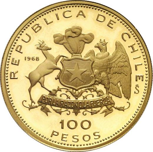 Аверс монеты - 100 песо 1968 года So "150 лет национальной чеканке" - цена золотой монеты - Чили, Республика