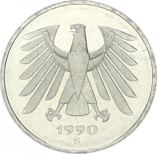 Reverso 5 marcos 1990 G - valor de la moneda  - Alemania, RFA