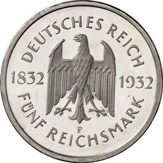 Anverso 5 Reichsmarks 1932 F "Goethe" - valor de la moneda de plata - Alemania, República de Weimar
