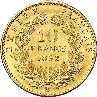 Reverso 10 francos 1862 BB "Tipo 1861-1868" Estrasburgo - valor de la moneda de oro - Francia, Napoleón III Bonaparte