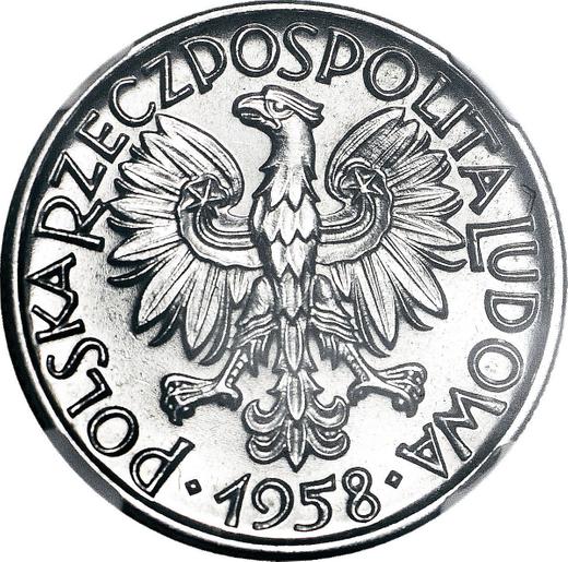Аверс монеты - Пробные 5 злотых 1958 года WJ "Шпатель и молоток" Алюминий - цена  монеты - Польша, Народная Республика