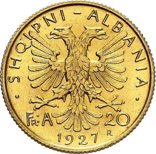 Rewers monety - 20 franga ari 1927 R - cena złotej monety - Albania, Ahmed ben Zogu