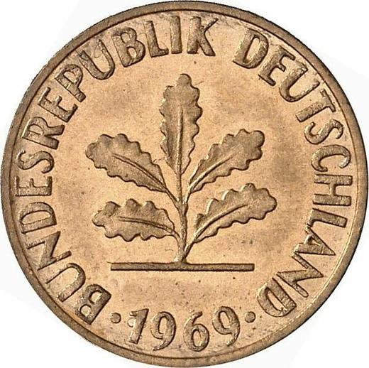 Реверс монеты - 1 пфенниг 1969 года J - цена  монеты - Германия, ФРГ