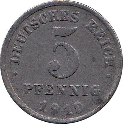 Obverse 5 Pfennig 1919 F -  Coin Value - Germany, German Empire