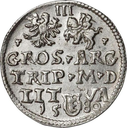Reverso Trojak (3 groszy) 1580 "Lituania" Valor nominal encima de los escudos de armas - valor de la moneda de plata - Polonia, Esteban I Báthory