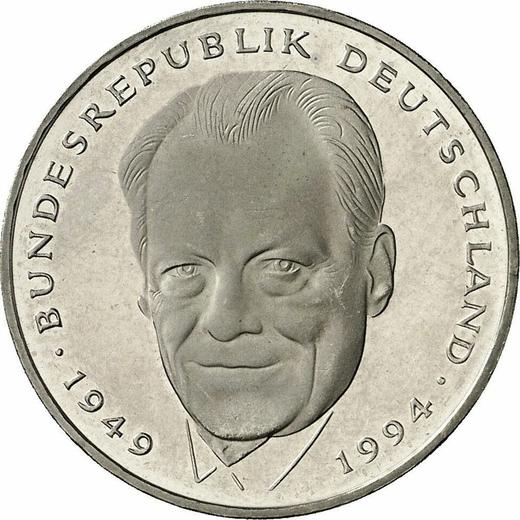 Аверс монеты - 2 марки 1996 года J "Вилли Брандт" - цена  монеты - Германия, ФРГ