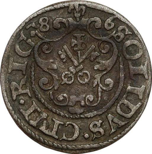 Реверс монеты - Шеляг 1586 года "Рига" Изогнутый герб - цена серебряной монеты - Польша, Стефан Баторий