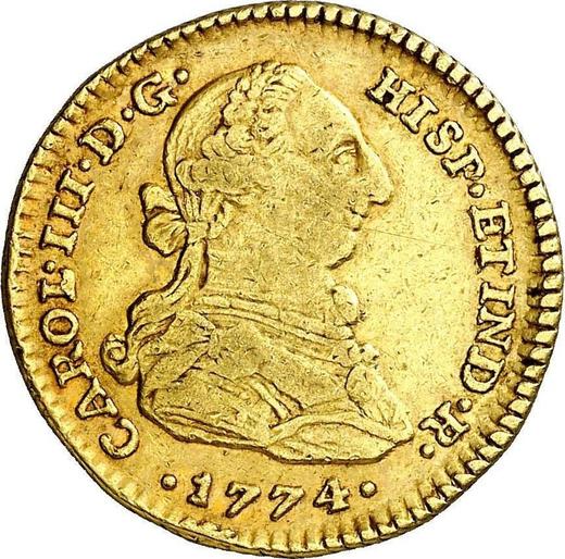 Аверс монеты - 2 эскудо 1774 года NR JJ - цена золотой монеты - Колумбия, Карл III