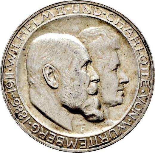 Obverse 3 Mark 1911 F "Wurtenberg" Silver Wedding "H" - high - Silver Coin Value - Germany, German Empire