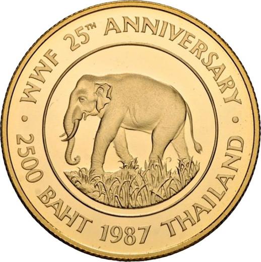 Reverso 2500 Baht BE 2530 (1987) "25 aniversario del WWF" - valor de la moneda de oro - Tailandia, Rama IX