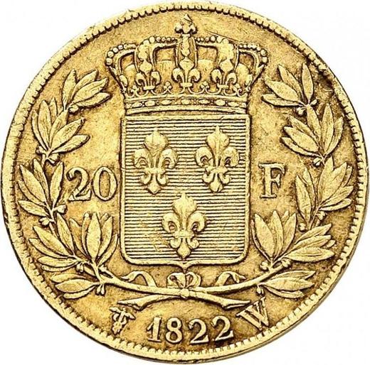 Reverse 20 Francs 1822 W "Type 1816-1824" Lille - Gold Coin Value - France, Louis XVIII