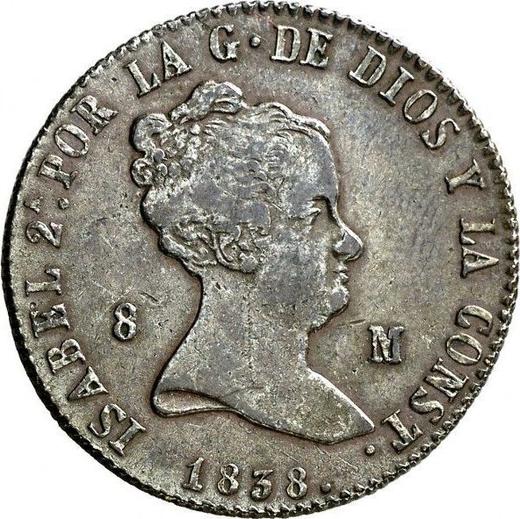 Anverso 8 maravedíes 1838 Ja "Valor nominal sobre el reverso" - valor de la moneda  - España, Isabel II