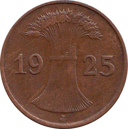 Реверс монеты - 1 рейхспфенниг 1925 года J - цена  монеты - Германия, Bеймарская республика