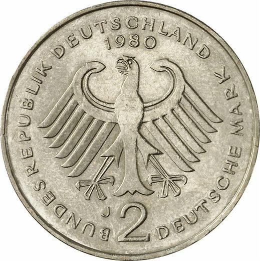 Reverso 2 marcos 1980 J "Theodor Heuss" - valor de la moneda  - Alemania, RFA