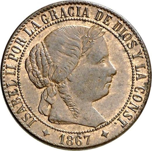 Аверс монеты - 1 сентимо эскудо 1867 года OM Четырёхконечные звезды - цена  монеты - Испания, Изабелла II