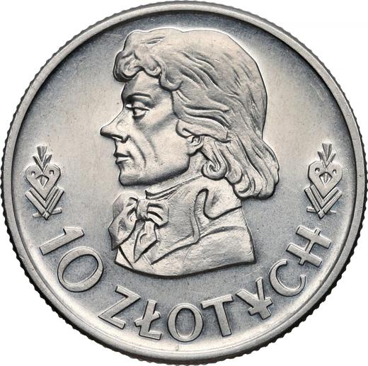 Reverso Pruebas 10 eslotis 1958 "Bicentenario de la muerte de Tadeusz Kościuszko" Aluminio - valor de la moneda  - Polonia, República Popular