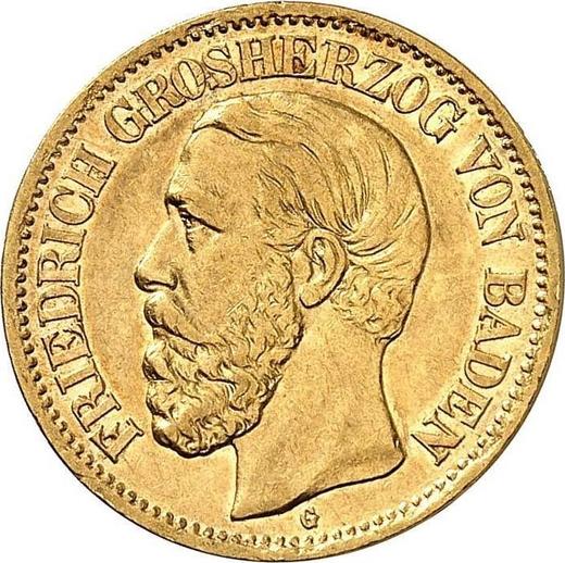 Аверс монеты - 10 марок 1875 года G "Баден" - цена золотой монеты - Германия, Германская Империя