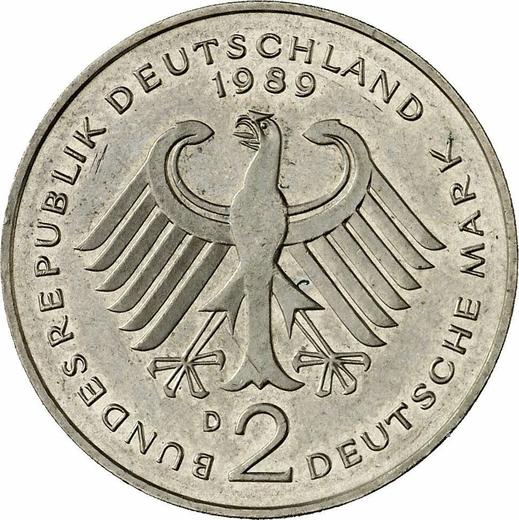 Reverso 2 marcos 1989 D "Kurt Schumacher" - valor de la moneda  - Alemania, RFA