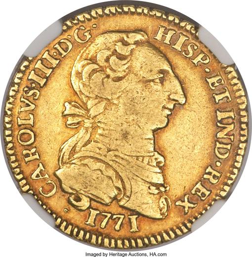 Awers monety - 2 escudo 1771 Mo MF - cena złotej monety - Meksyk, Karol III