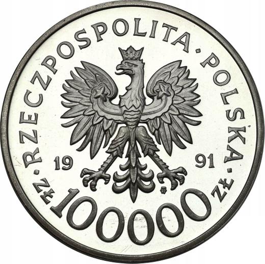 Аверс монеты - 100000 злотых 1991 года MW "Битва за Британию 1940" - цена серебряной монеты - Польша, III Республика до деноминации