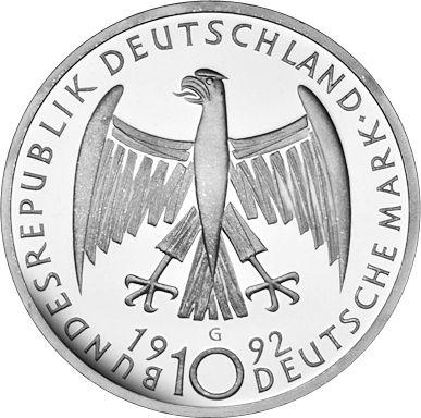 Reverso 10 marcos 1992 G "Käthe Kollwitz" - valor de la moneda de plata - Alemania, RFA