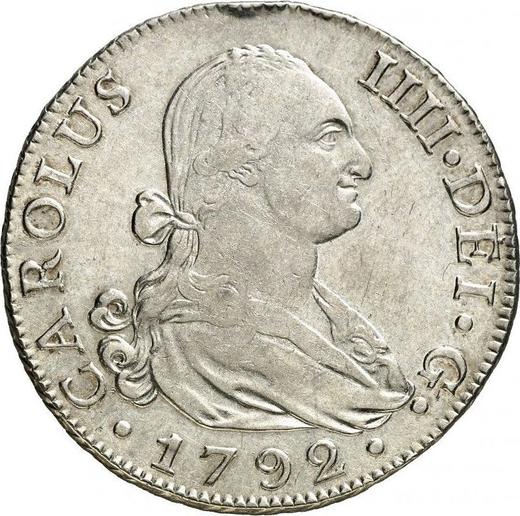 Аверс монеты - 8 реалов 1792 года S CN - цена серебряной монеты - Испания, Карл IV