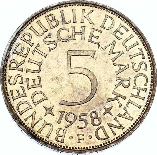 Аверс монеты - 5 марок 1958 года F - цена серебряной монеты - Германия, ФРГ