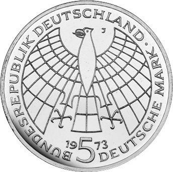 Реверс монеты - 5 марок 1973 года J "Коперник" - цена серебряной монеты - Германия, ФРГ