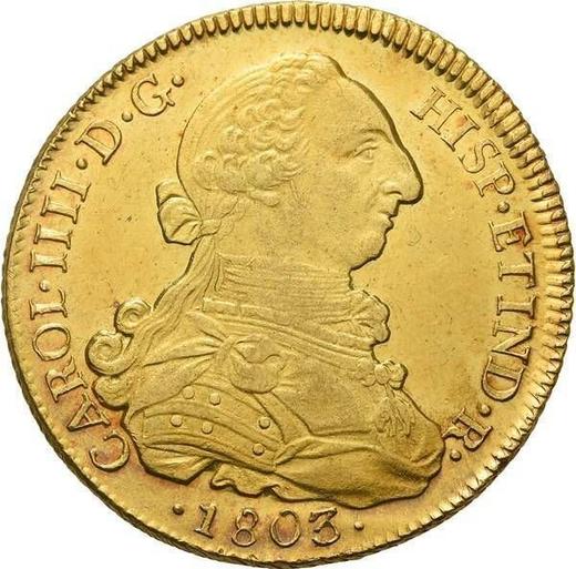 Awers monety - 8 escudo 1803 So FJ - cena złotej monety - Chile, Karol IV