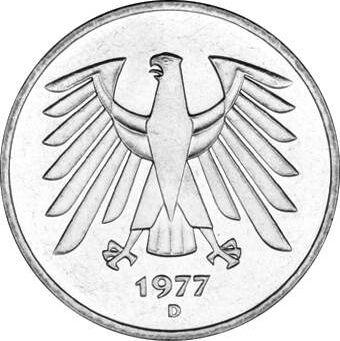 Реверс монеты - 5 марок 1977 года D - цена  монеты - Германия, ФРГ