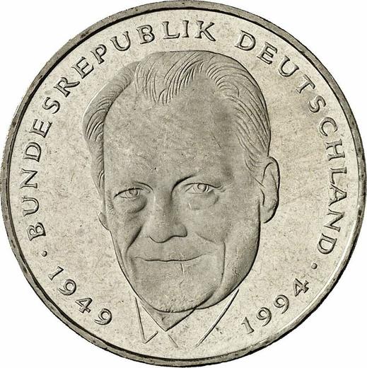 Аверс монеты - 2 марки 1998 года F "Вилли Брандт" - цена  монеты - Германия, ФРГ