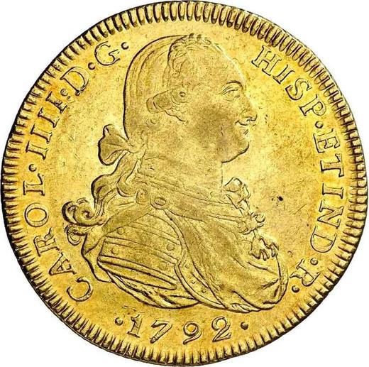 Аверс монеты - 8 эскудо 1792 года NR JJ - цена золотой монеты - Колумбия, Карл IV