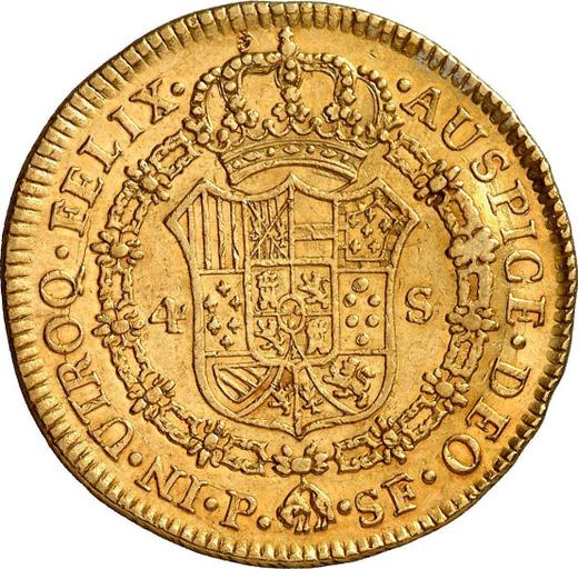 Реверс монеты - 4 эскудо 1776 года P SF - цена золотой монеты - Колумбия, Карл III