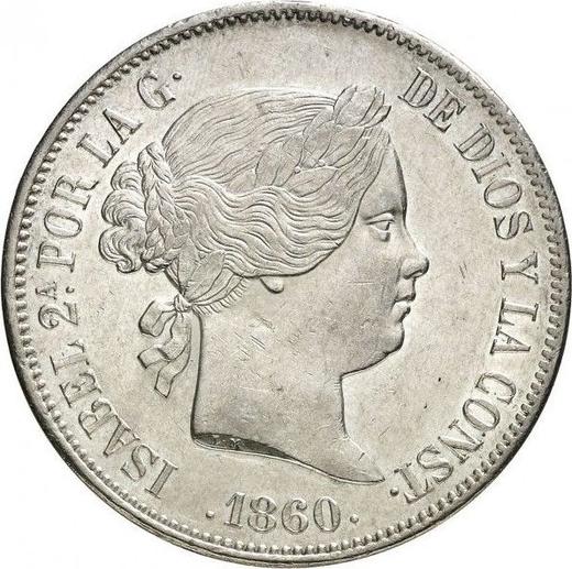 Аверс монеты - 20 реалов 1860 года Шестиконечные звёзды - цена серебряной монеты - Испания, Изабелла II