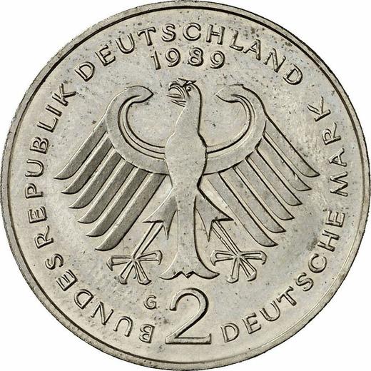 Reverse 2 Mark 1989 G "Kurt Schumacher" -  Coin Value - Germany, FRG