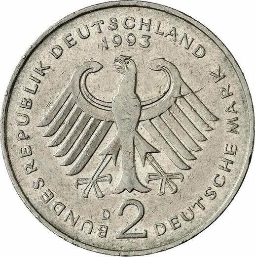 Reverse 2 Mark 1993 D "Franz Josef Strauss" -  Coin Value - Germany, FRG