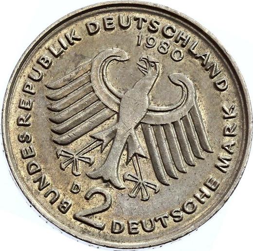 Реверс монеты - 2 марки 1979-1993 года "Курт Шумахер" Поворот штемпеля - цена  монеты - Германия, ФРГ