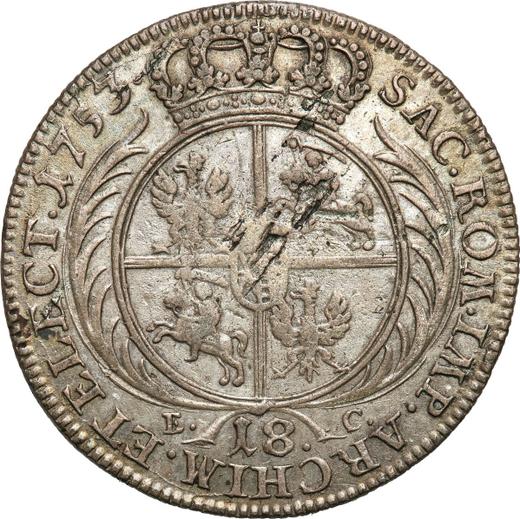 Rewers monety - Ort (18 groszy) 1753 EC "Koronny" - cena srebrnej monety - Polska, August III