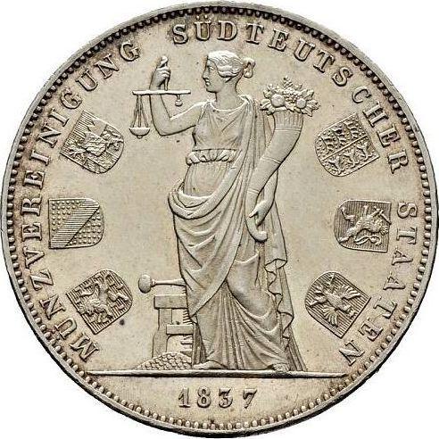 Reverso 2 táleros 1837 "Unión Monetaria Alemana" - valor de la moneda de plata - Baviera, Luis I