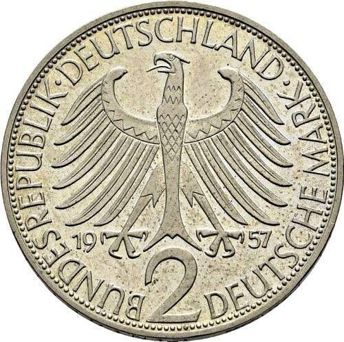 Reverse 2 Mark 1957 "Max Planck" No Mint Mark Pattern -  Coin Value - Germany, FRG