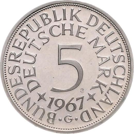 Аверс монеты - 5 марок 1967 года G - цена серебряной монеты - Германия, ФРГ