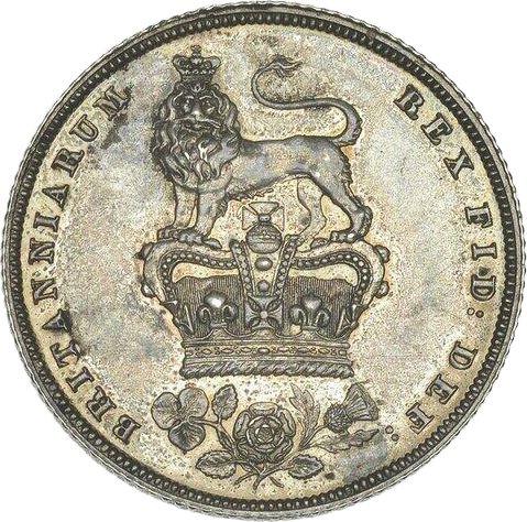 Реверс монеты - Пробный 1 шиллинг 1825 года - цена серебряной монеты - Великобритания, Георг IV