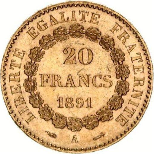 Reverso 20 francos 1891 A "Tipo 1871-1898" París - valor de la moneda de oro - Francia, Tercera República