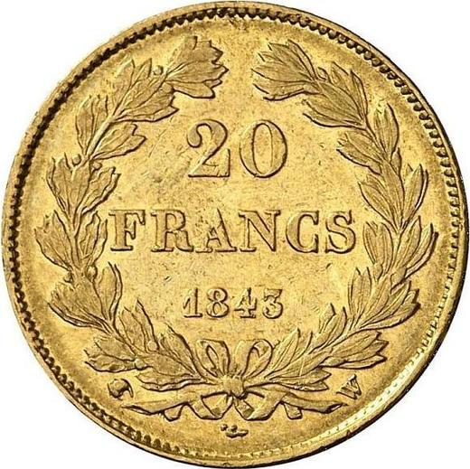 Reverse 20 Francs 1843 W "Type 1832-1848" Lille - France, Louis Philippe I